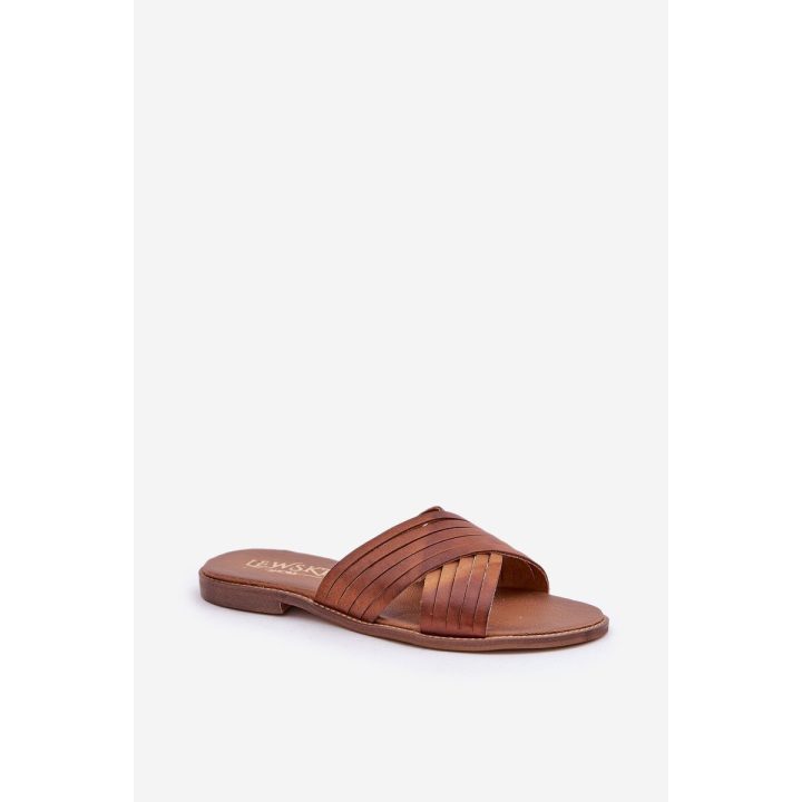Odinės moteriškos šlepetės Shoes camel spalvos