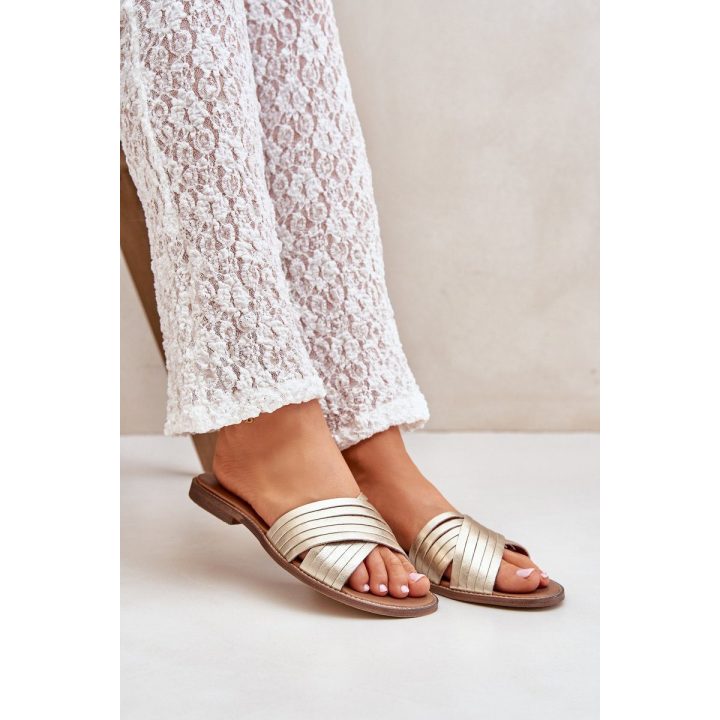 Auksinės odinės moteriškos šlepetės Shoes