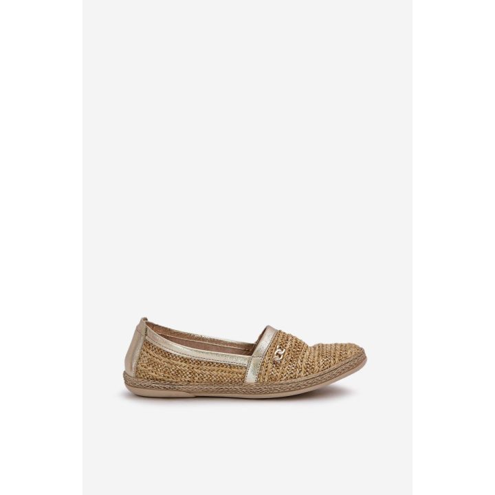 Elegantiškos odinės espadrilės su pynimu smėlio-aukso spalvos