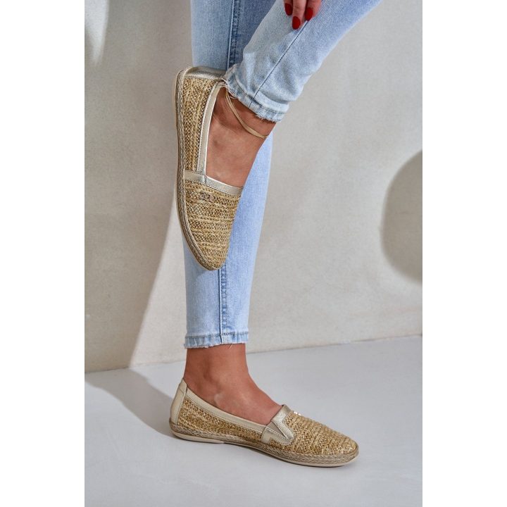 Elegantiškos odinės espadrilės su pynimu smėlio-aukso spalvos