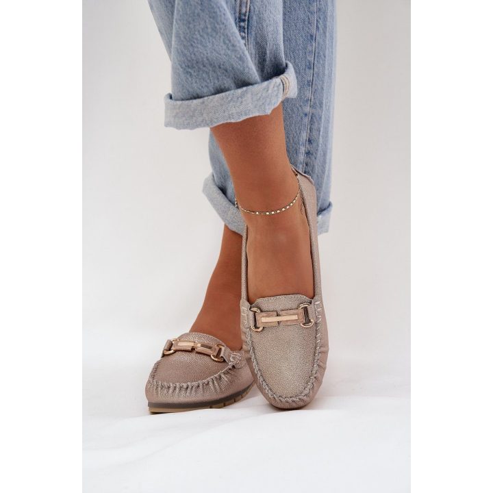 Auksiniai blizgūs moteriški mokasinai iš natūralios odos