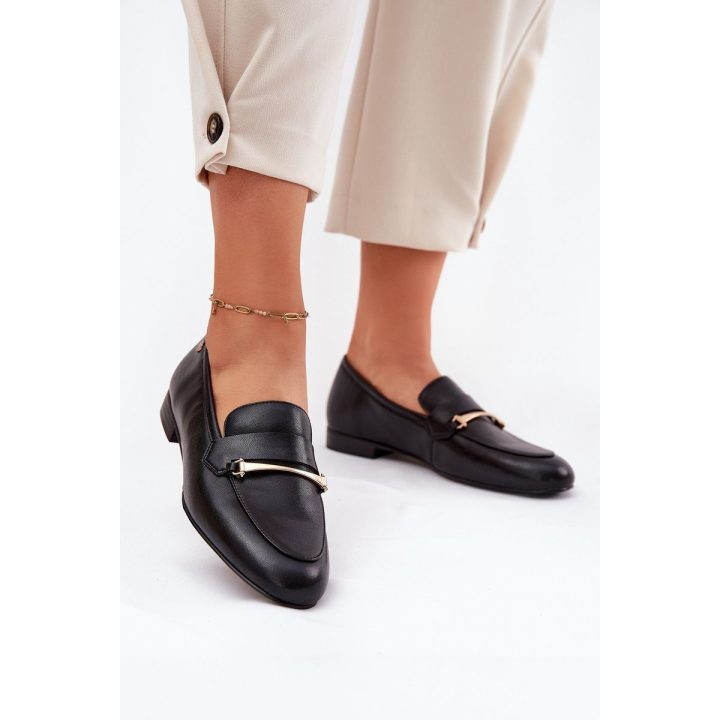 Odiniai juodi moteriški loafer tipo bateliai