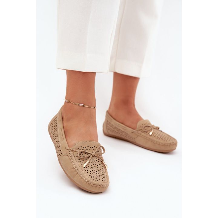 Mokasinai smėlio spalvos odiniai su skylutėmis kasdienai Ideal Shoes
