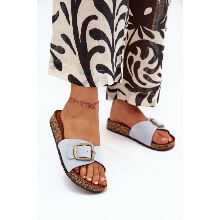 Šlepetės moterims mėlynos zomšos su sagtimi ant kamštinio pado Zavira