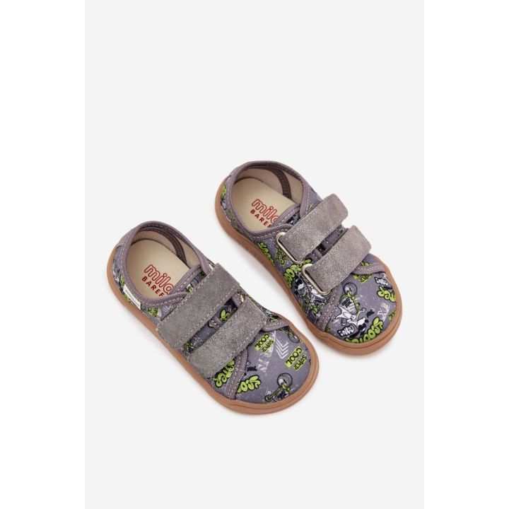 Vaikiški pilki barefoot bateliai su lipdukais ir piešiniais Milami