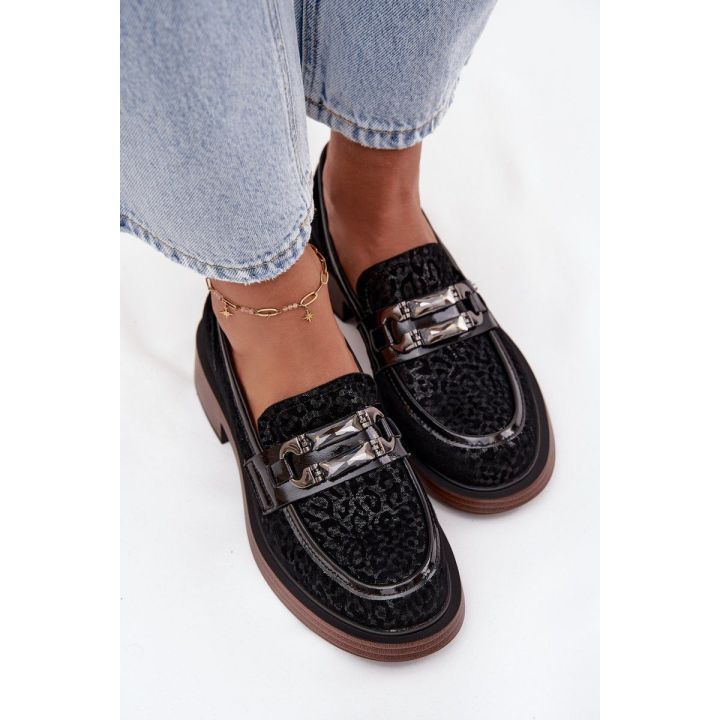 Suede Women's Loafers with Decoration D&A MR52-176 Black