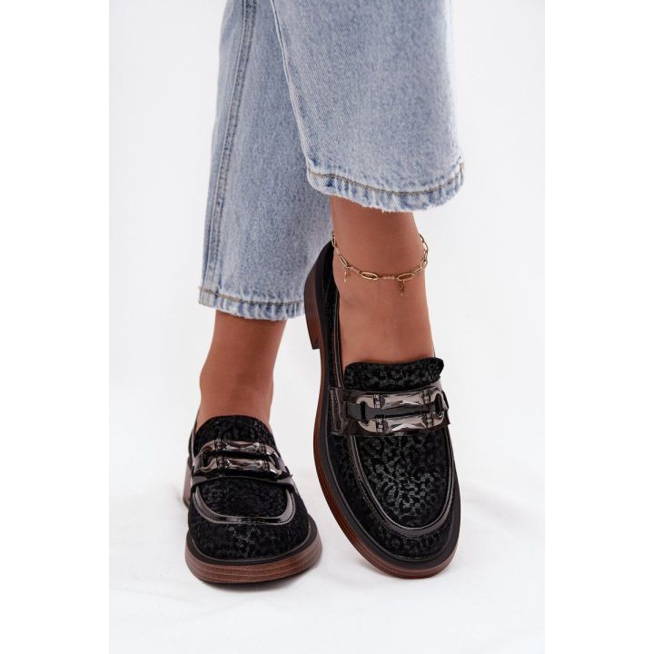 Suede Women's Loafers with Decoration D&A MR52-176 Black