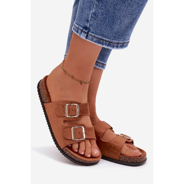 Moteriškos šlepetės su sagtimis Oliena camel spalvos