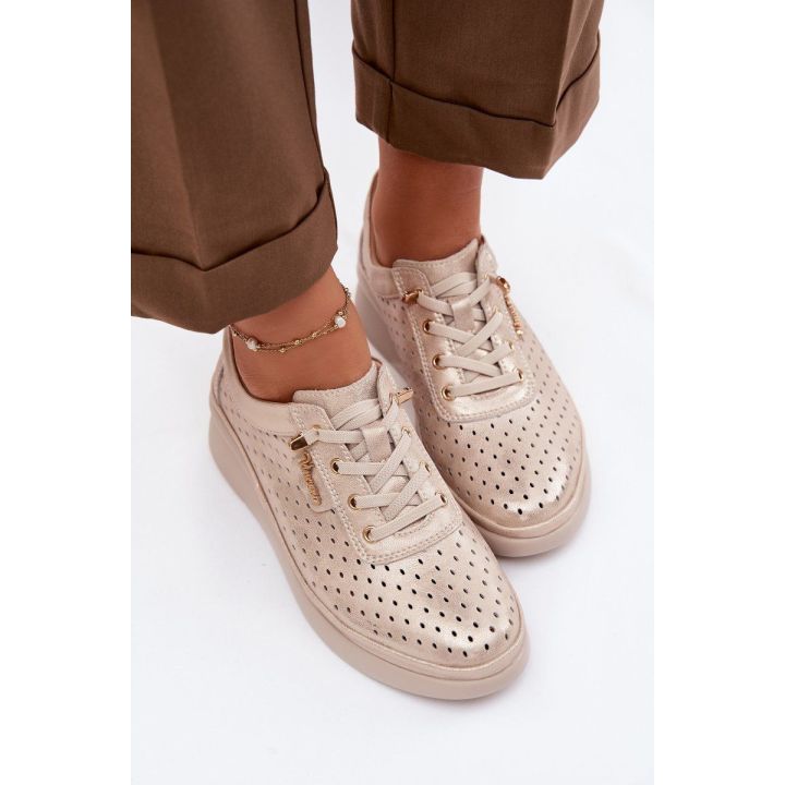 Ażurowi odiniai moteriški loafers Vinceza 79603 auksinės spalvos
