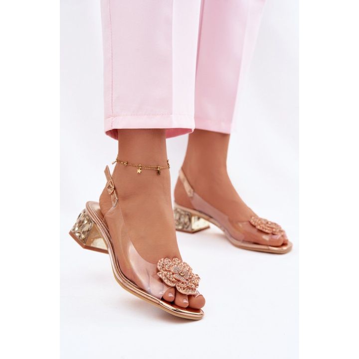 Permatomos basutės su blokiniu kulnu ir kristalų gėle Vinceza šampano spalvos