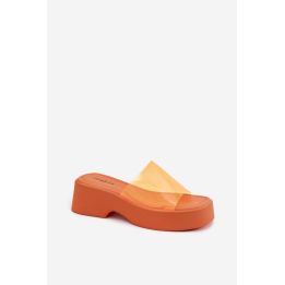 Moteriškos platforminės šlepetės su skaidriu dirželiu, oranžinės