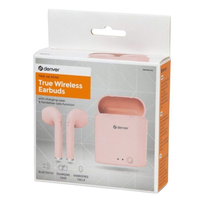 Rožinės tikrai belaidės Bluetooth ausinės Denver TWE-46 su mikrofonu