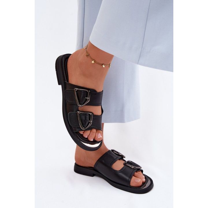 Vinceza moteriškos natūralios odos šlepetės su sagtimis, juodos