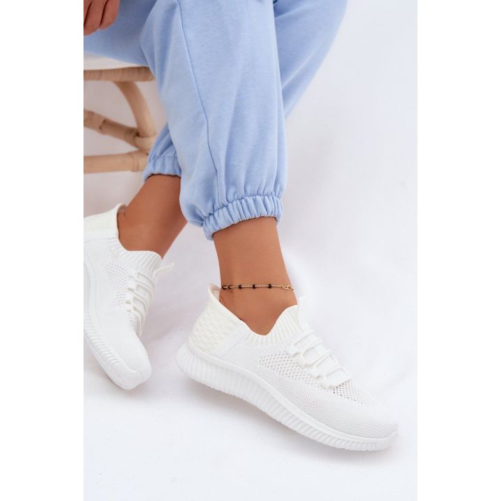 Moteriški tekstiliniai sportiniai bateliai su įmaunamu aulu, balti alyvuogių