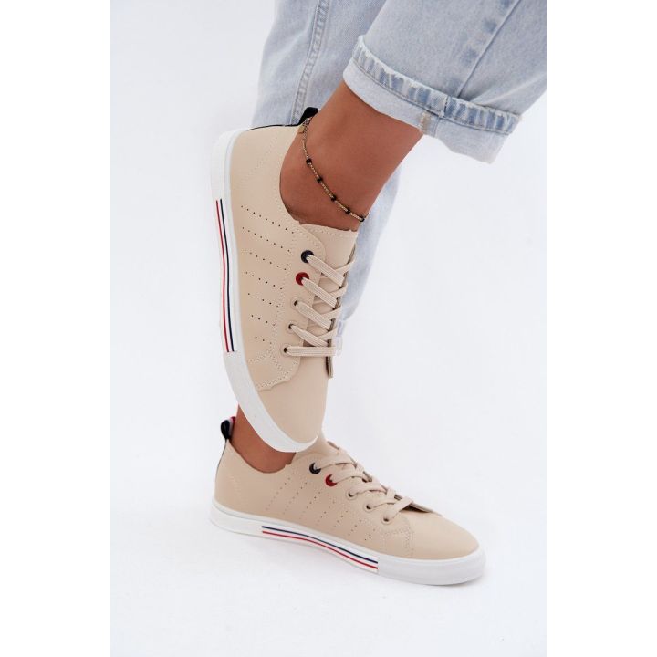 Moteriški sportinio stiliaus bateliai iš odos imitacijos, smėlio spalvos